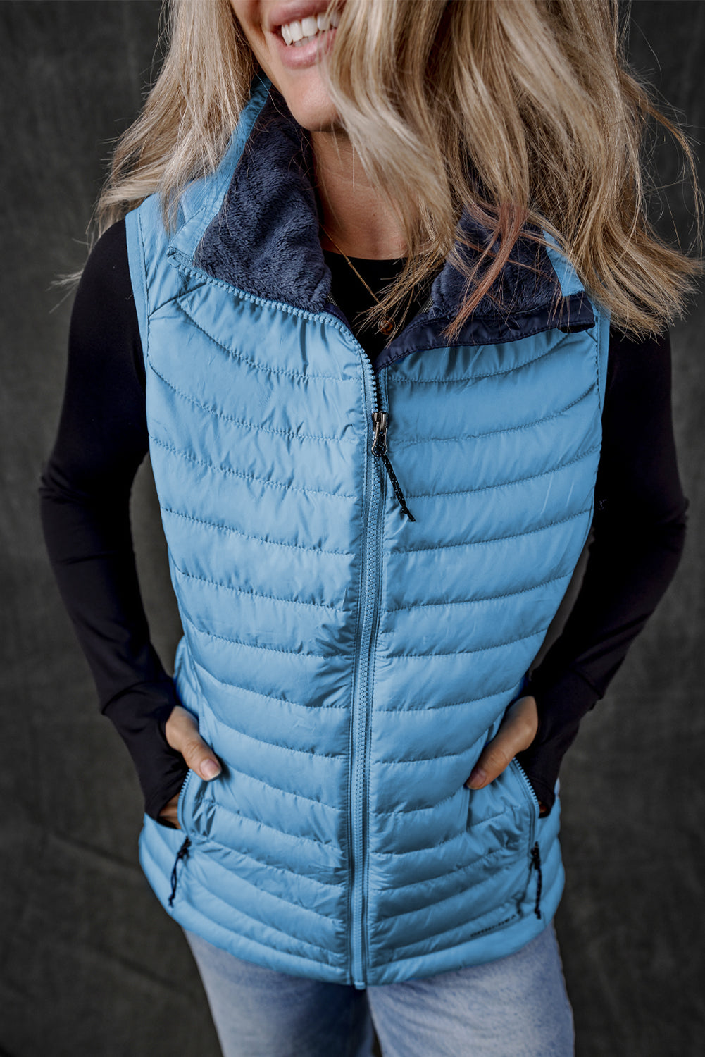 Plush Collared Quilted Zipped Puffer Vest | Sky Blue