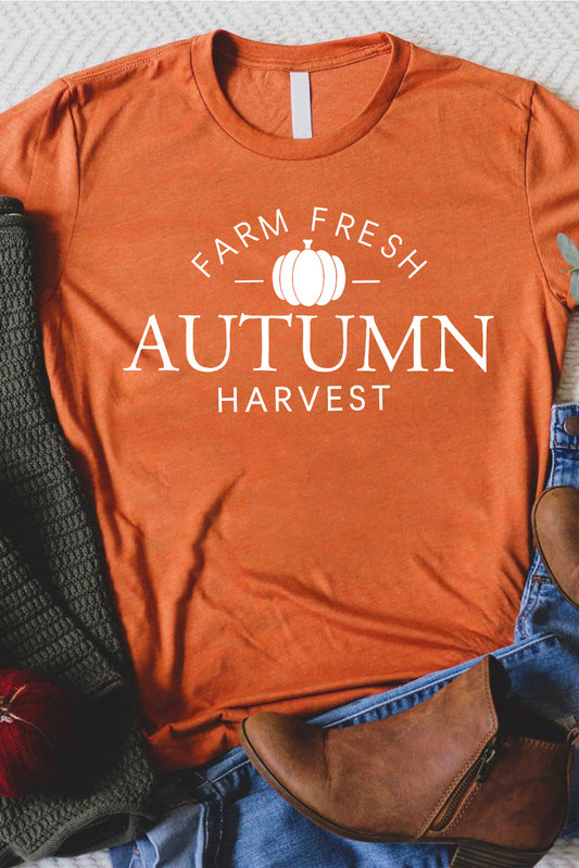 Orange FARM FRESH AUTUMN Harvest Pattern Crew Neck T Shirt