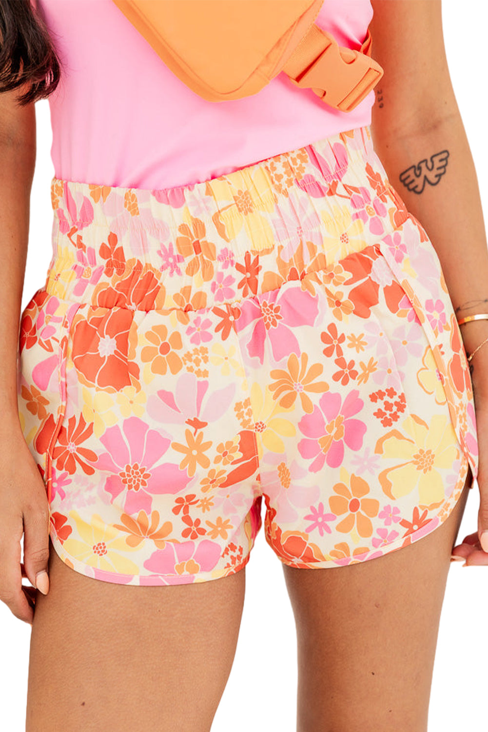 Boho Floral Shirred High Waist Casual Shorts | Orange