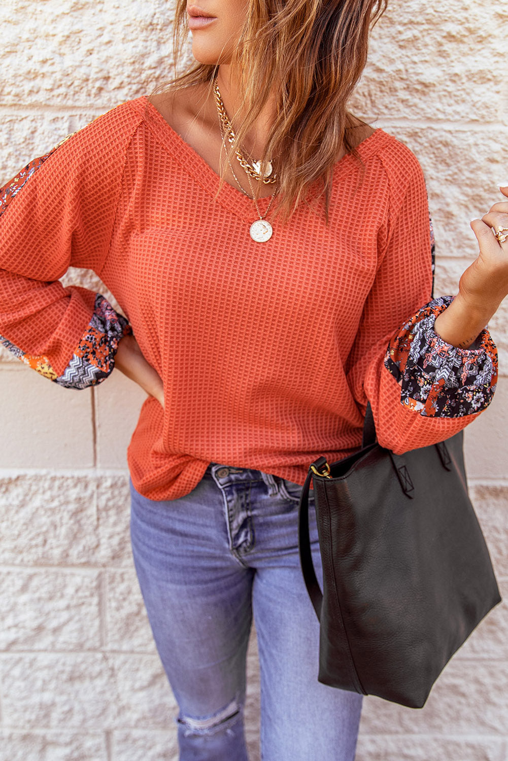 Orange Contrast Eyelet Thermal Knit Top