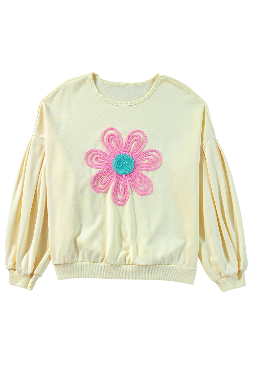 Tinsel Flower Dropped Puff Sleeve Sweatshirt | Beige