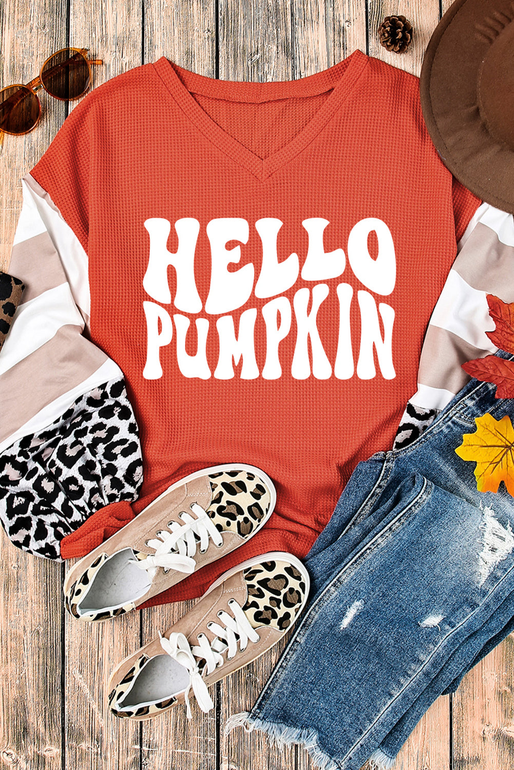 Hello Pumpkin Graphic Leopard Striped Colourblock Sleeve V Neck Top | Red