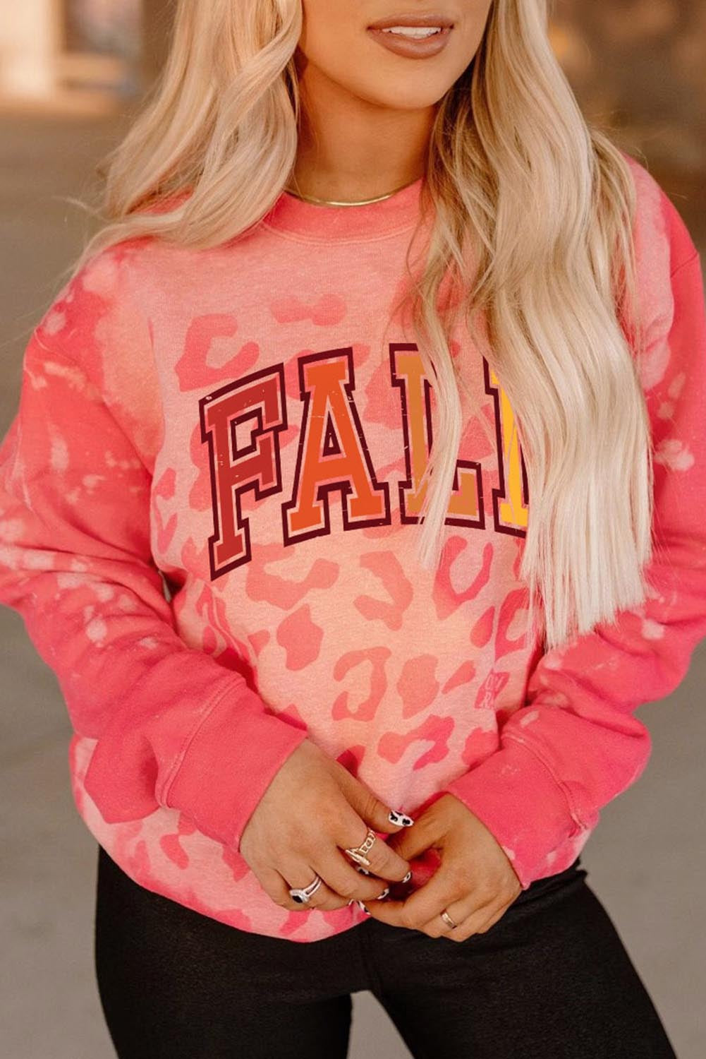 Pink FALL Leopard Print Long Sleeve Pullover Sweatshirt