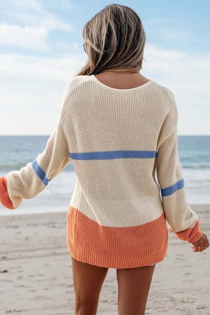 Colourblock Striped Drop Shoulder Cozy Sweater | Beige