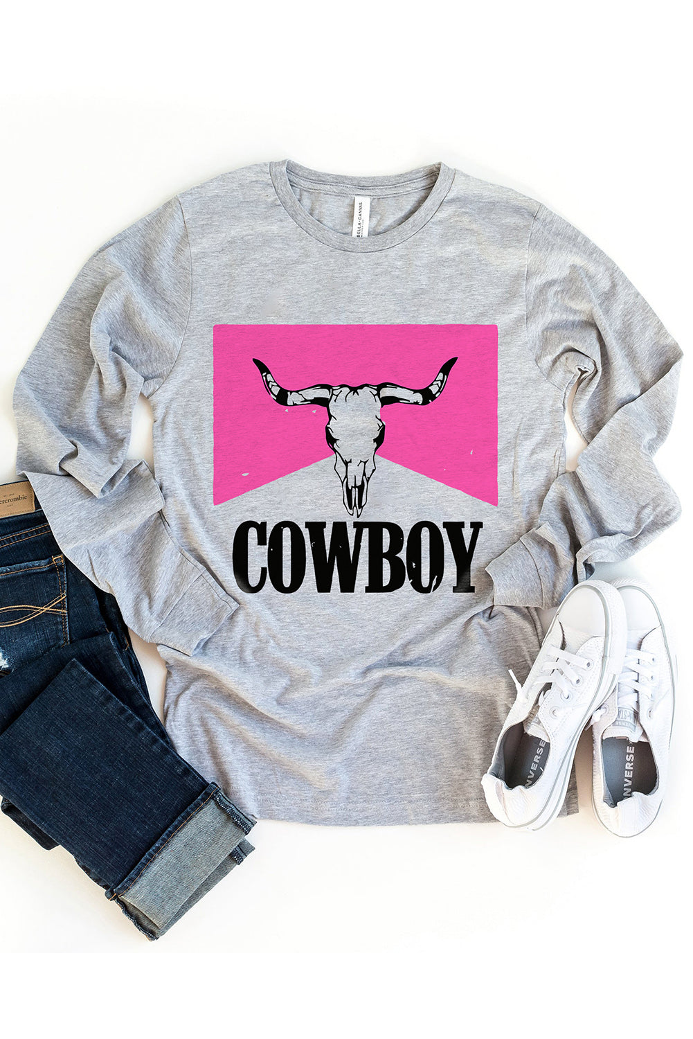 Cowboy Steer Skull Graphic Long Sleeve Top | Gray