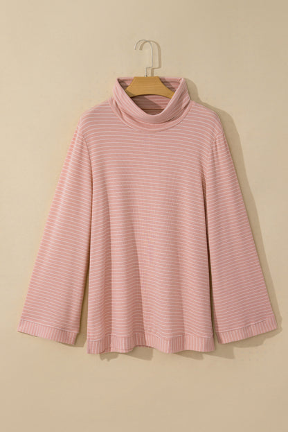 Cowl Neck Side Slits Loose Fit Long Sleeve Top | Pink Stripe