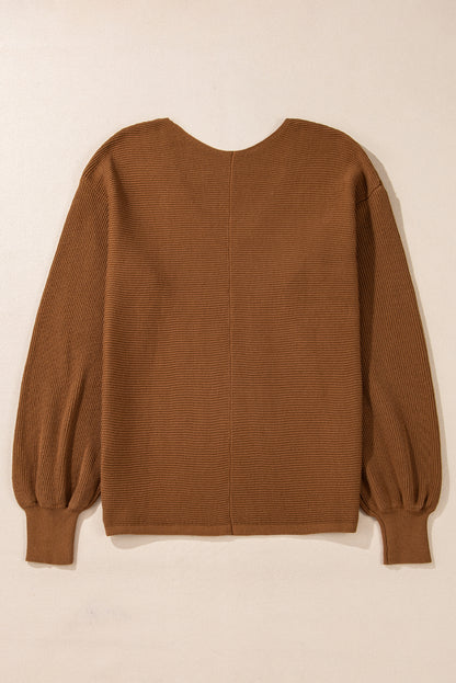 Ribbed Knit Drop Sleeve V Neck Loose Fit Sweater | Camel