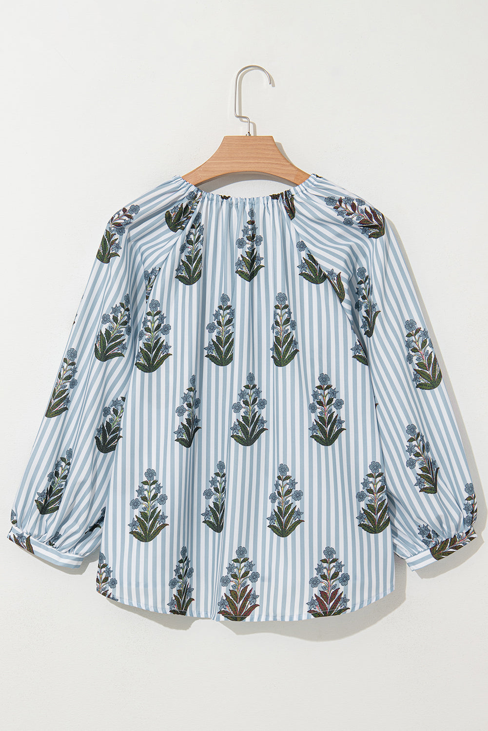 Striped Floral Printed Long Sleeve Tied V Neck Blouse | Beau Blue