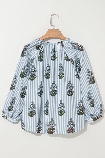 Striped Floral Printed Long Sleeve Tied V Neck Blouse | Beau Blue