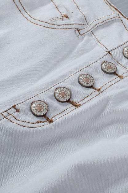 Light Washed Distressed Slits Button Fly Flare Jeans | White