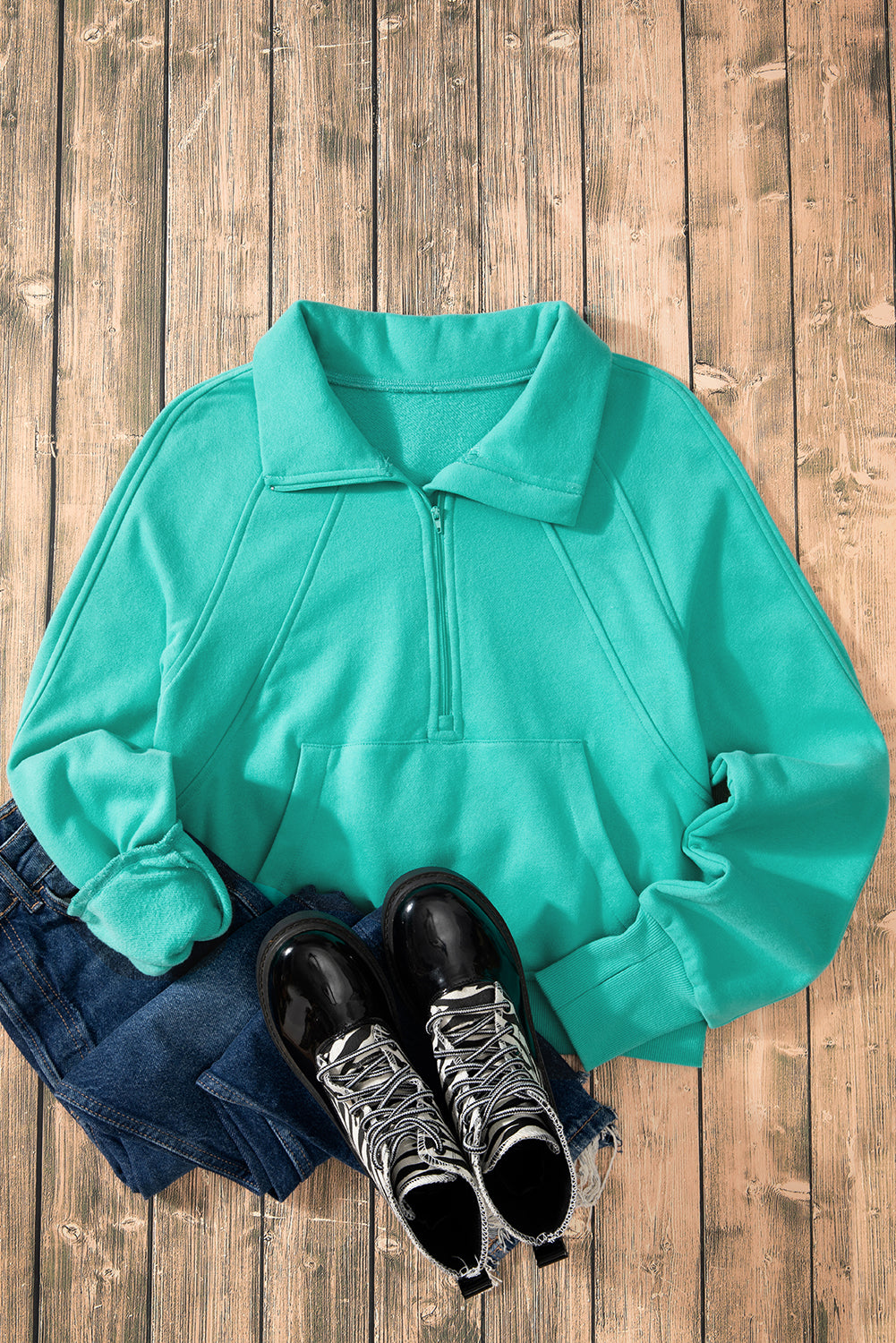 Fleece Lined Zip Up Stand Collar Thumbhole Sleeve Sweatshirt | Sea Green