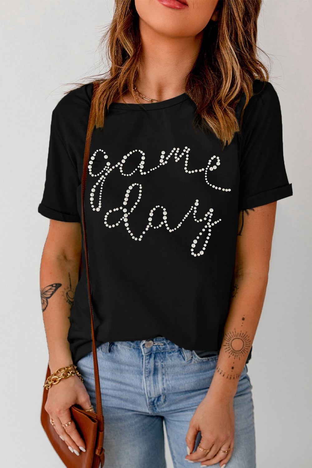 Shiny Rhinestone Game Day Pattern Crewneck T Shirt | Black