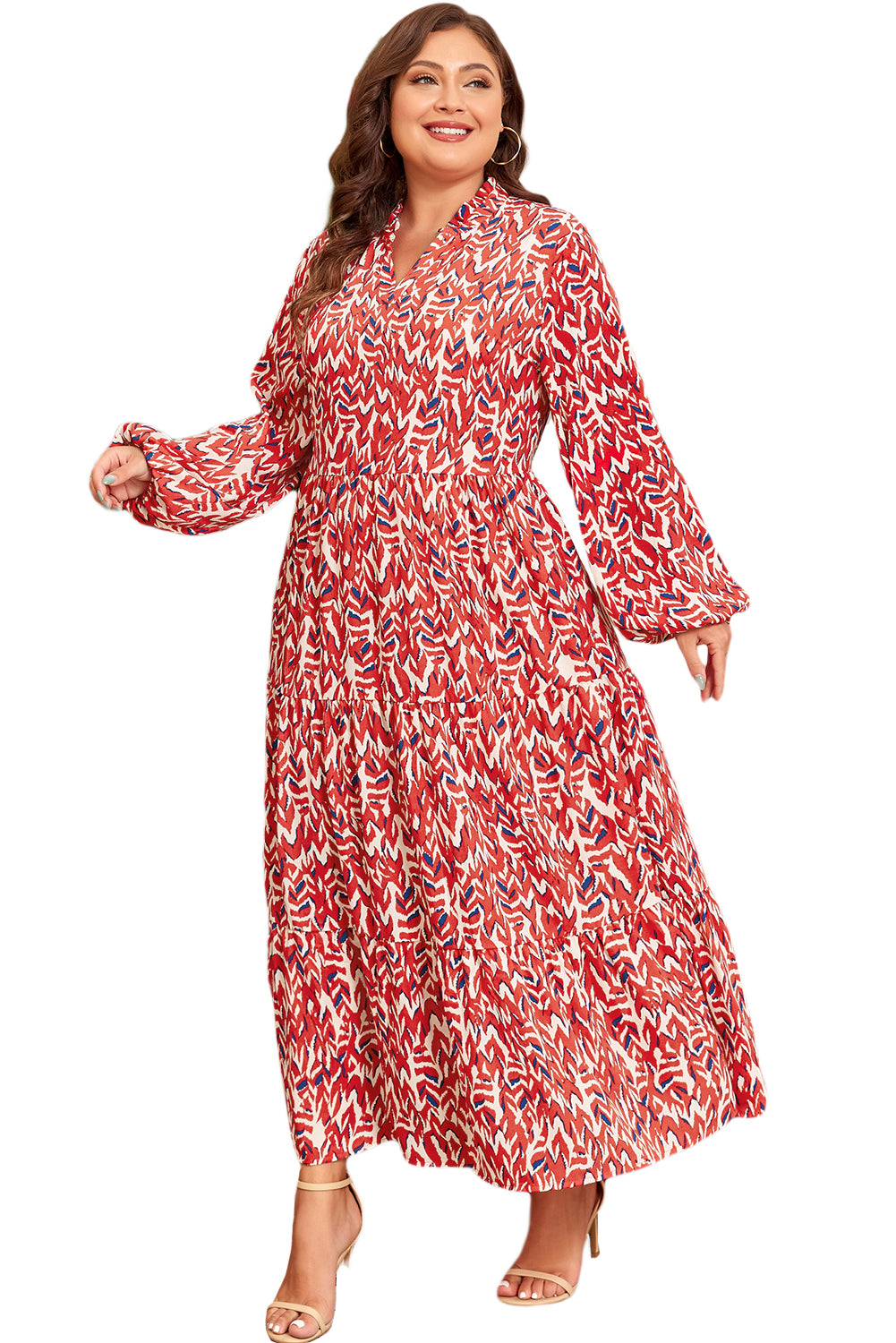 Plus Size Abstract Print Notch V Neck High Waist Maxi Dress | Red