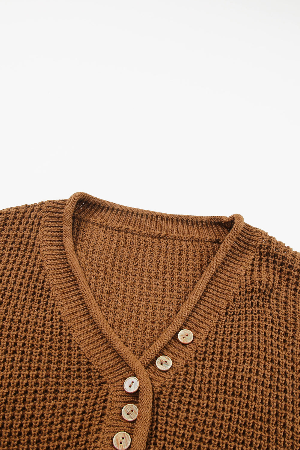 Pointelle Knit Button V Neck Drop Shoulder Sweater | Coffee