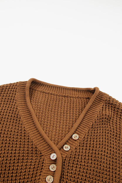 Pointelle Knit Button V Neck Drop Shoulder Sweater | Coffee