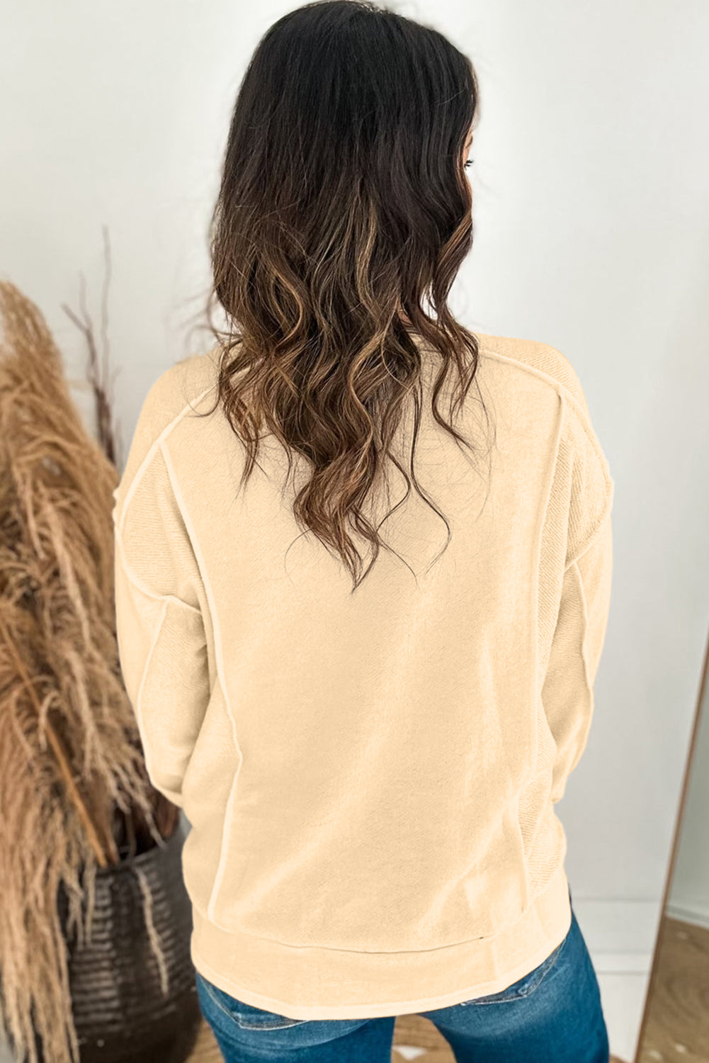 Splicing Round Neck Pullover Sweatshirt | Beige