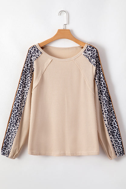 Waffle Leopard Print Colourblock Puff Sleeve Top | Beige