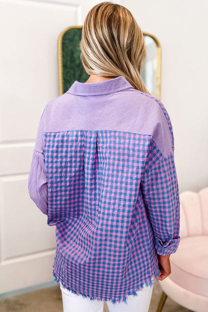 Mixed Plaid Button Down Long Sleeve Chest Pocket Shirt | Purple