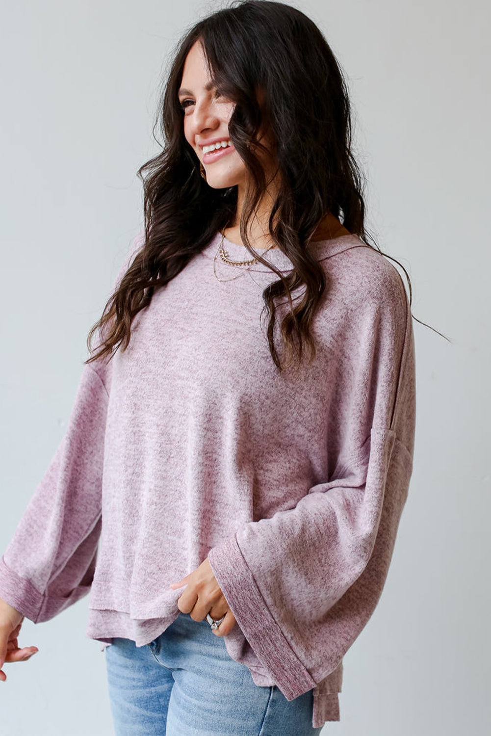 Exposed Seam Drop Shoulder Wide Long Sleeve T Shirt | Orchid Petal