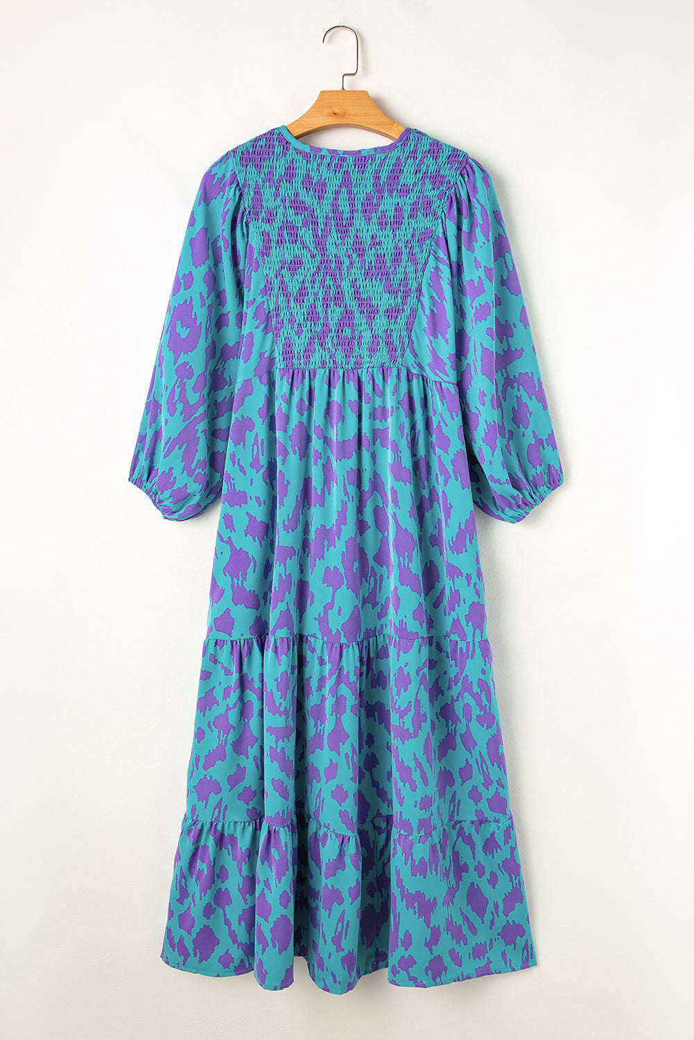 Abstract Print Puff Sleeve Tied Notched Neck Long Dress | Sky Blue