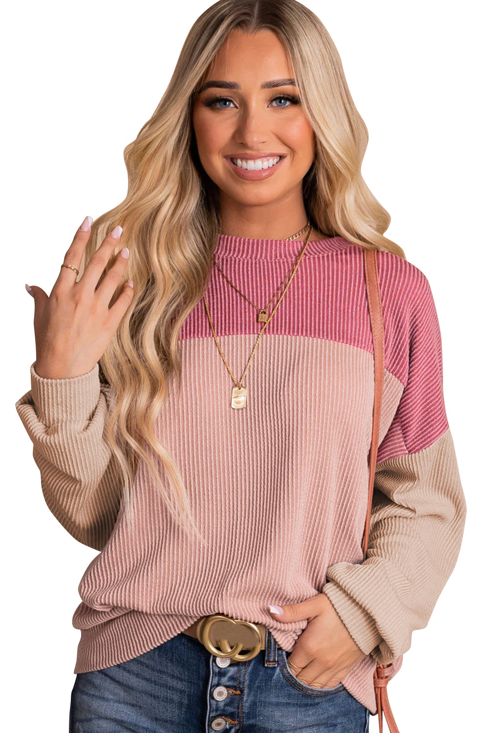 Colour Block Long Sleeve Ribbed Loose Top | Pink