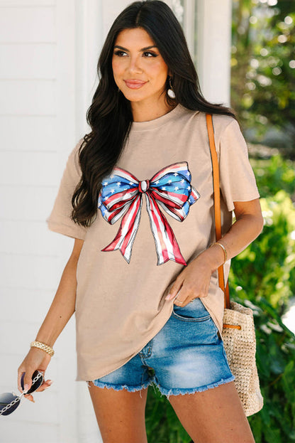 American Flag Bow Knot Print Round Neck T Shirt | Khaki