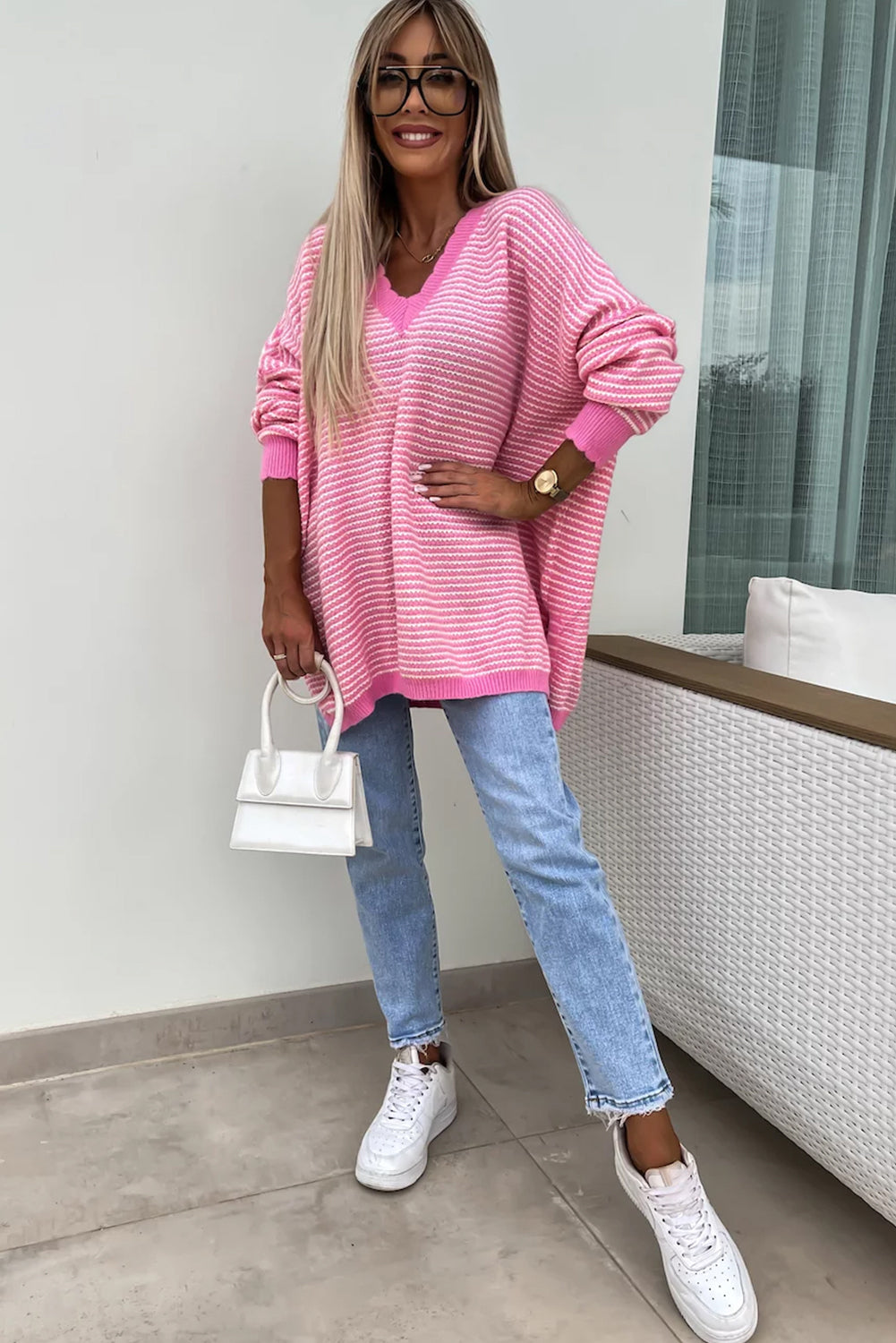 Striped Scallop V Neck Loose Sweater With Slits | Pink