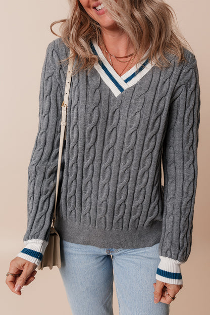 Colour Contrast Ribbed Edge Cable Knit V Neck Sweater | Medium Grey