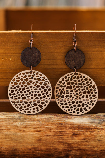 Hollow Out Wooden Round Drop Earrings | Khaki