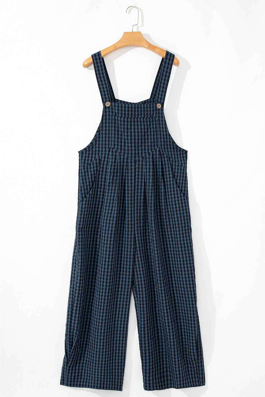 Plaid Print Buttoned Pocketed High Waist Overall | Sail Blue