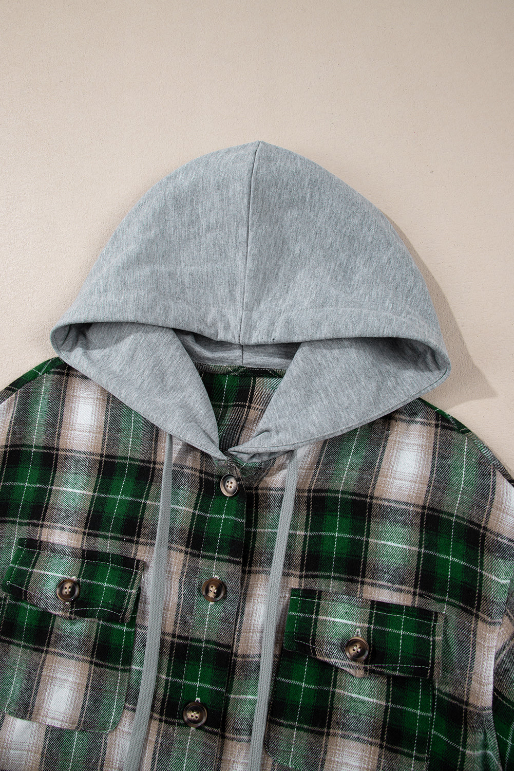 Plaid Print Chest Pocket Buttoned Hooded Shacket | Green