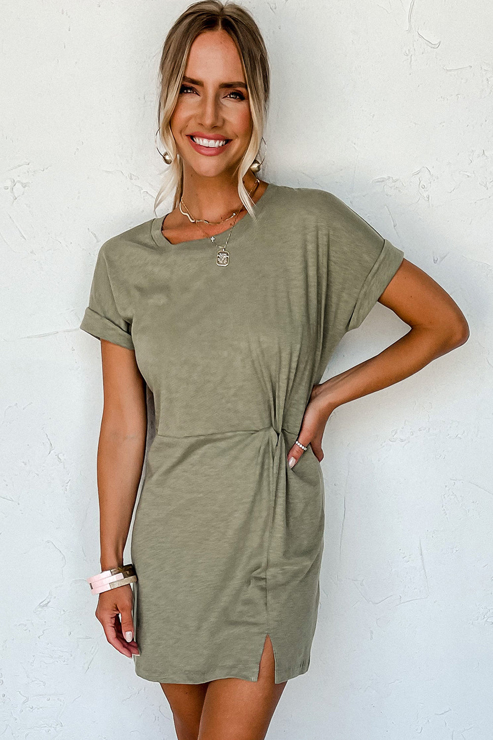 Folded Sleeve Twisted Mini T-Shirt Dress | Laurel Green