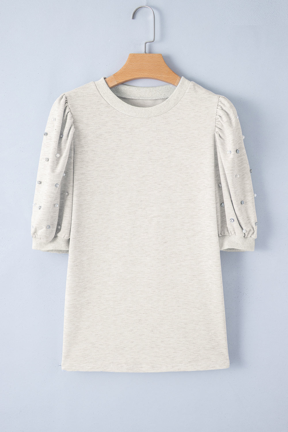 Rhinestone Pearl Puff Half Sleeve Top | Light Grey