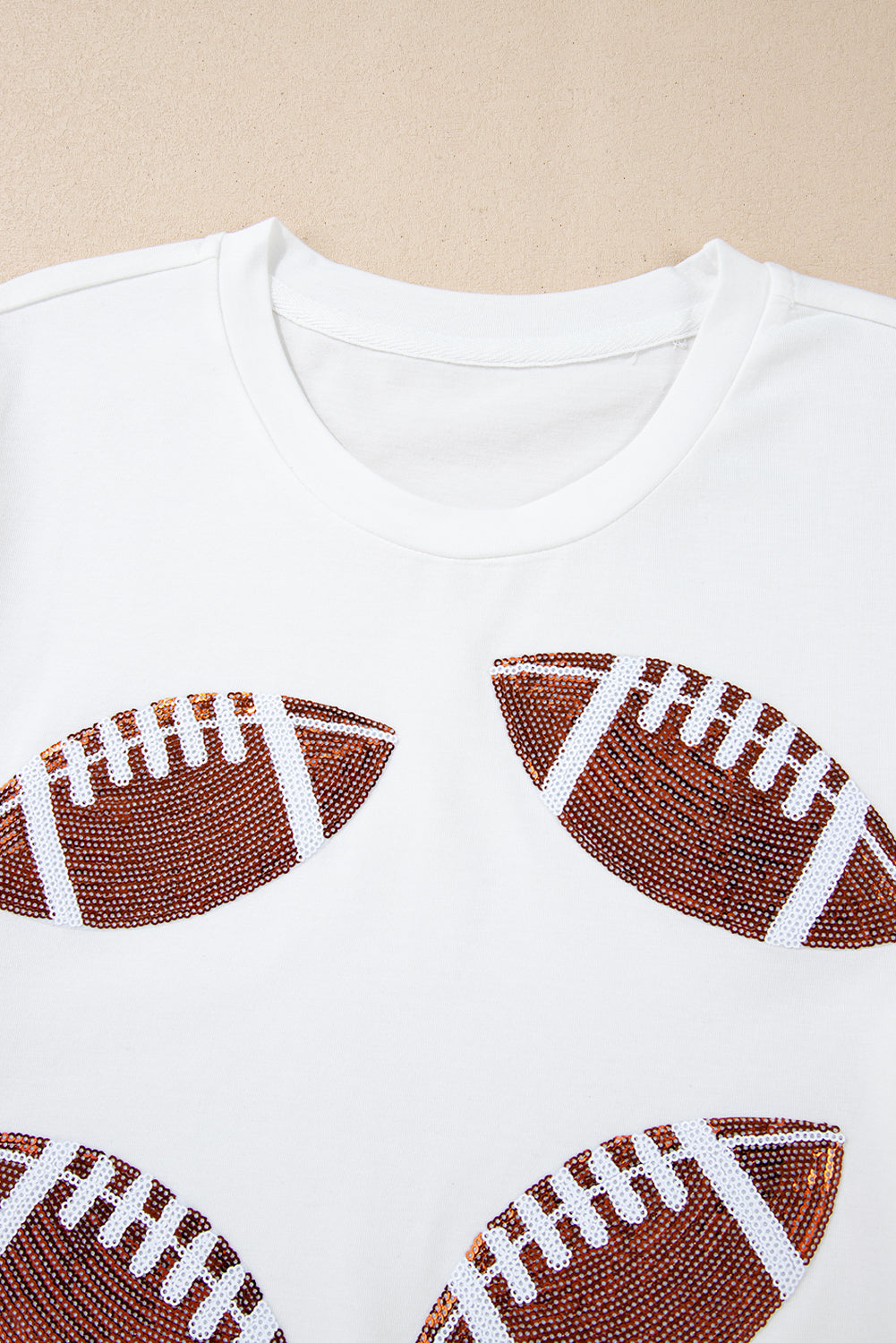 Sequined Rugby Football Graphic Cotton T Shirt | White