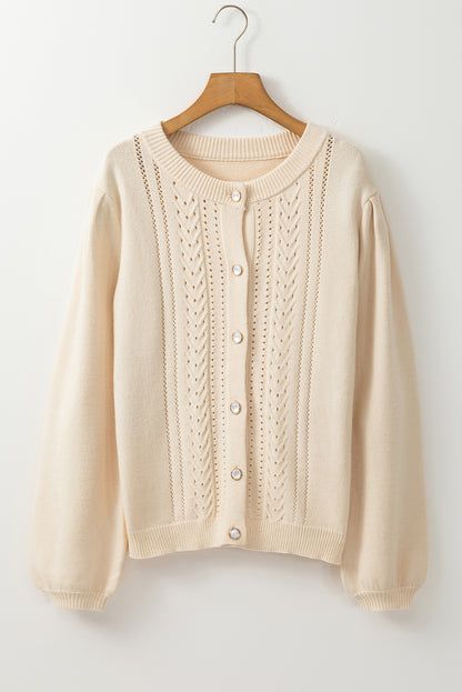 Pleated Sleeve Hollow Detail Button Sweater Cardigan | Apricot