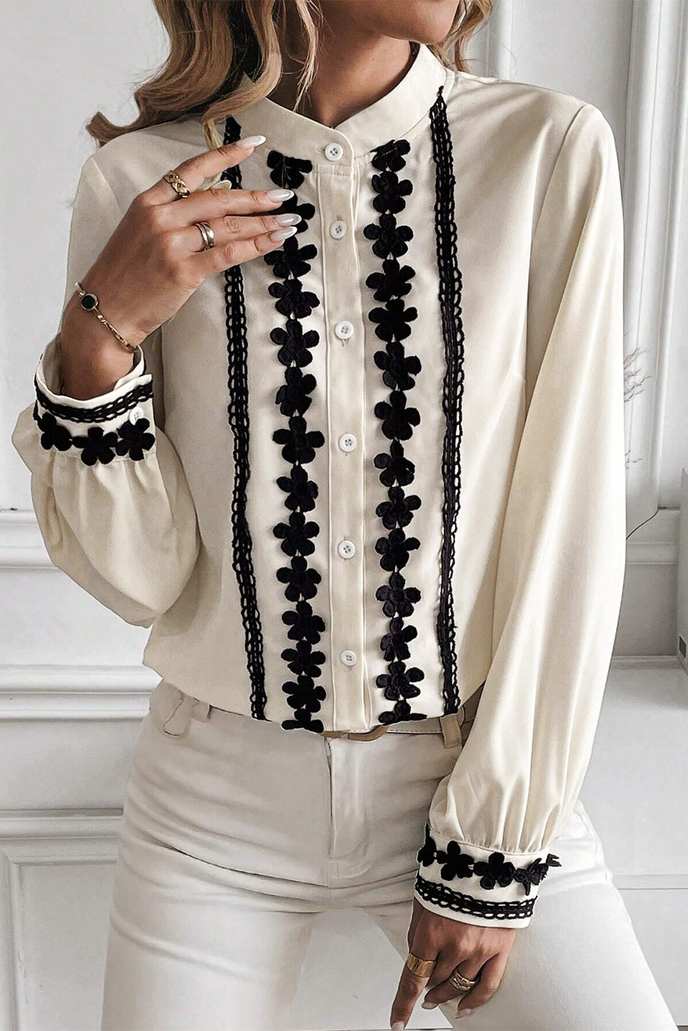 Floral Embroidered Stand Neck Buttoned Shirt | Beige