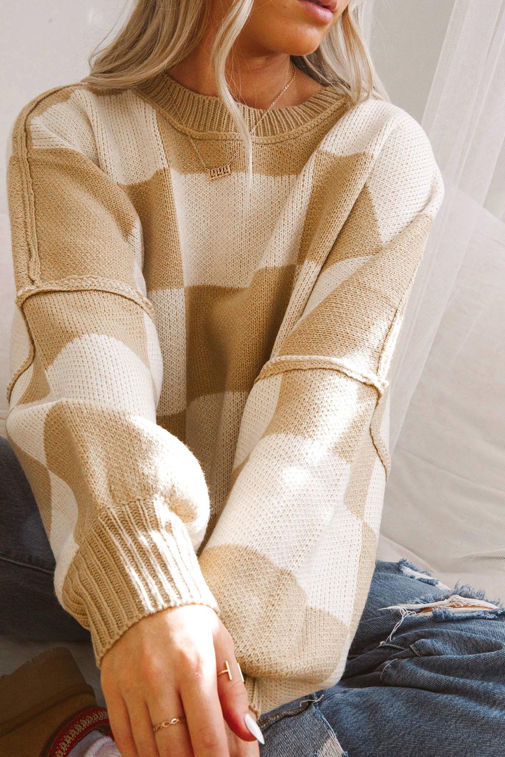 Checkered Bishop Sleeve Sweater | Khaki