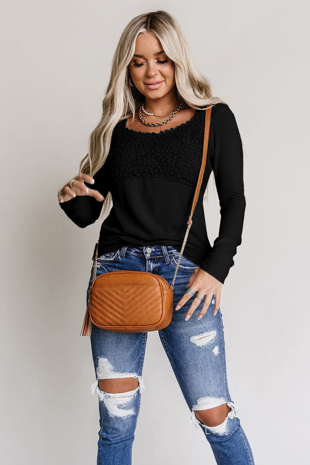 Lace Crochet V Neck Long Sleeve Top | Black