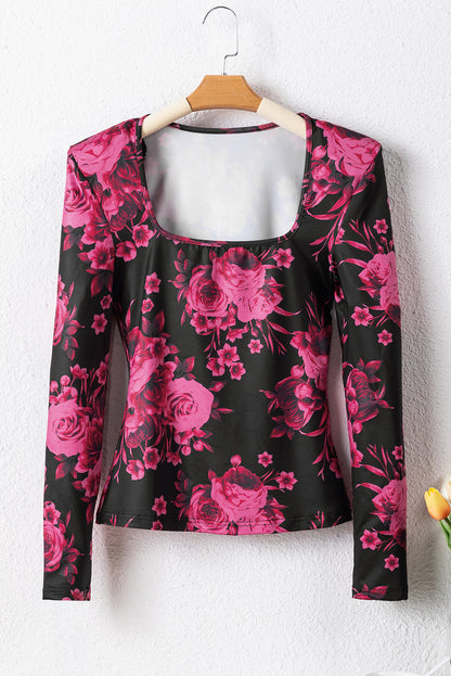 Floral Print Shoulder Pad Long Sleeve Square Neck Top | Rose Red