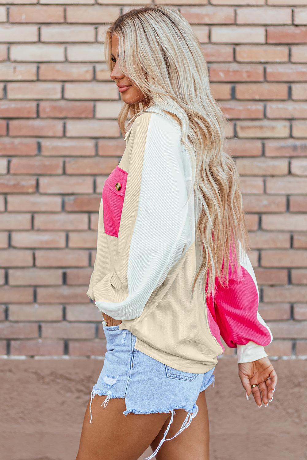 Colourblock Ribbed Collared Oversized Sweatshirt | Rose Red