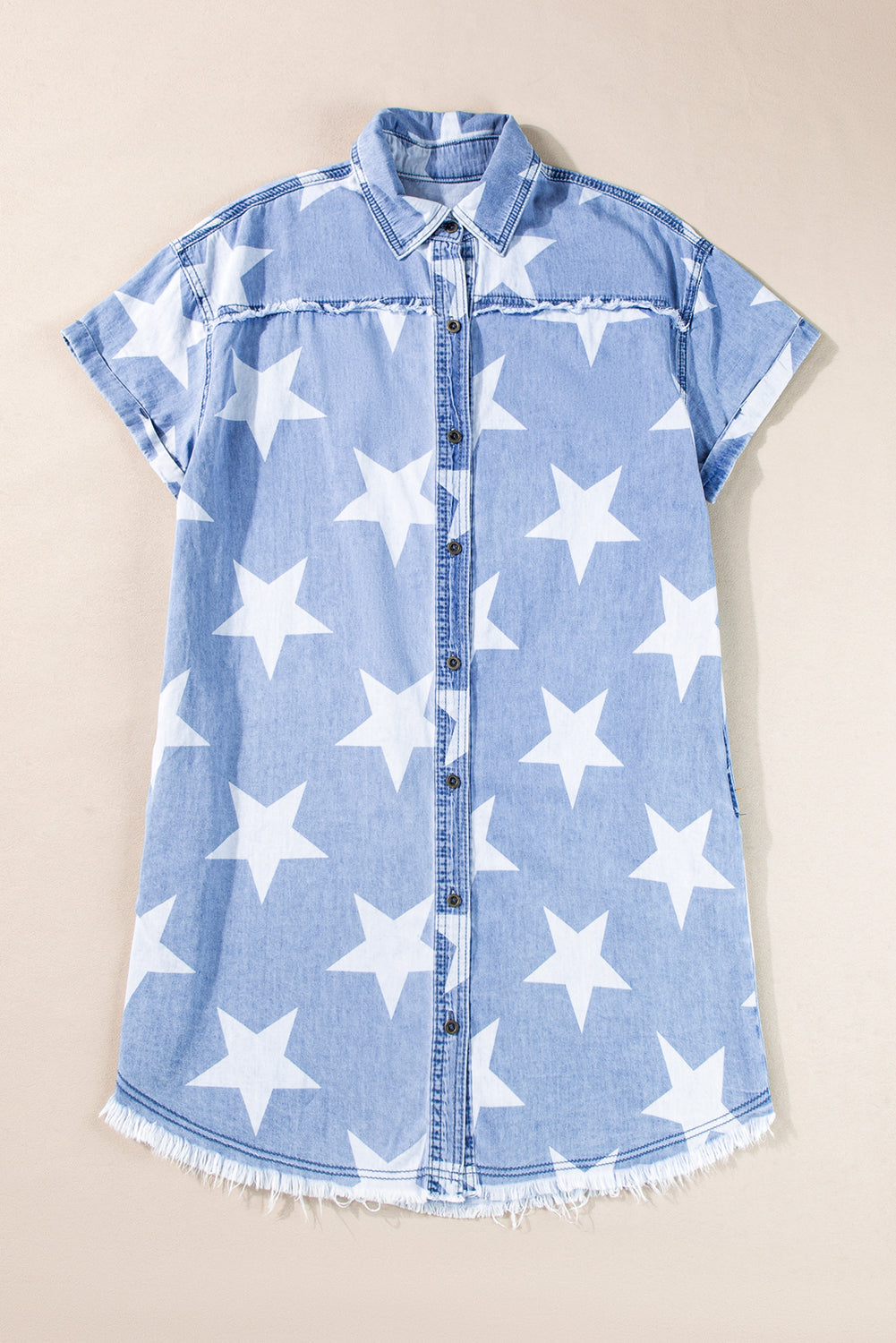 Stars Frayed Hem Collared Short Sleeve Denim Dress | Sky Blue