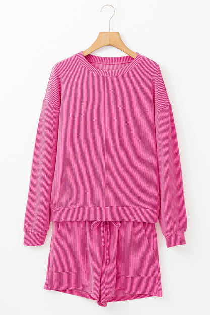 Corded Textured Long Sleeve Top And Shorts Set | Strawberry Pink