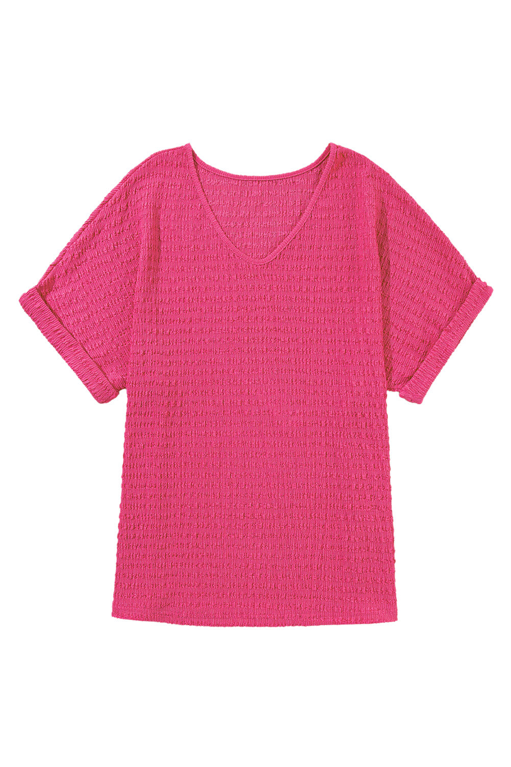 Textured Rolled Sleeve V Neck Tee | Bright Pink