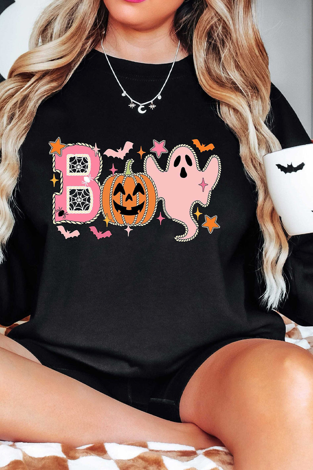 Boo Pumpkin Ghost Print Crew Neck Halloween Sweatshirt | Black