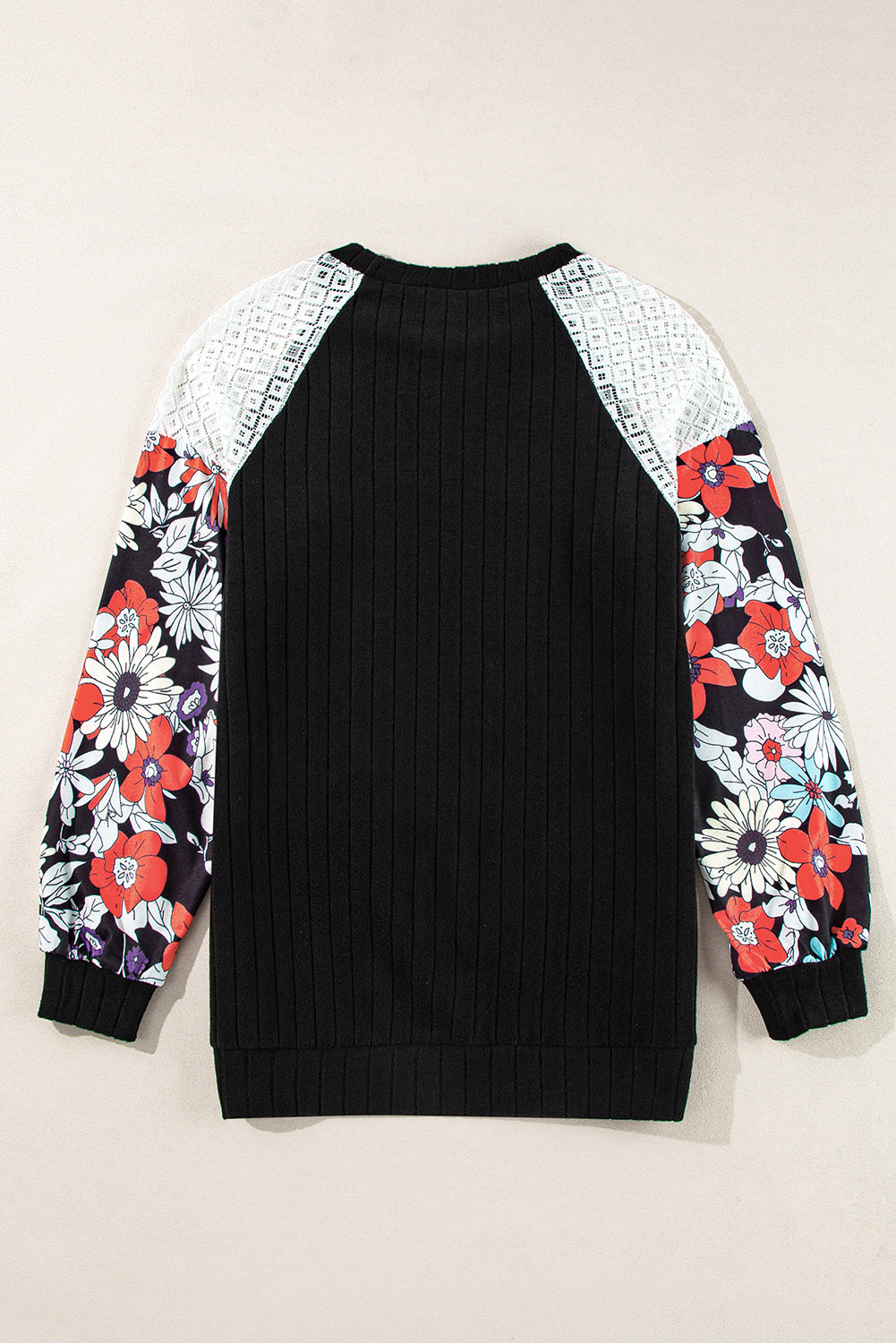 Floral Patchwork Long Sleeve Ribbed Blouse | Black