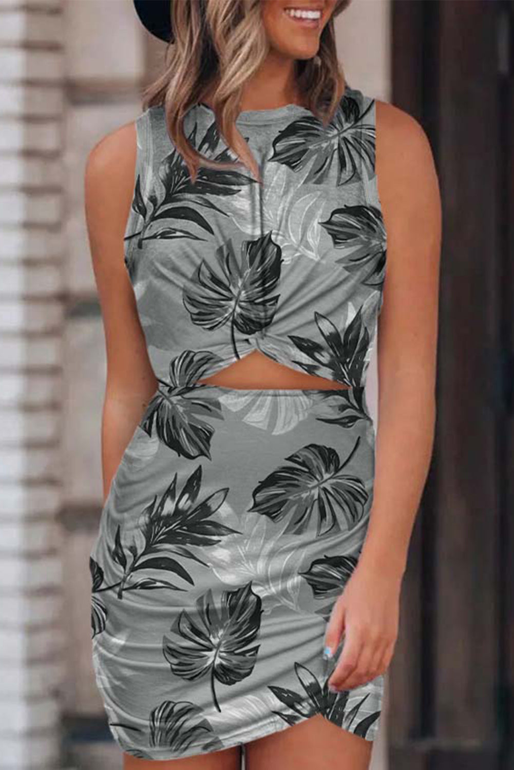 Gray Floral Print Hollow Out Wrap Tie Mini Dress