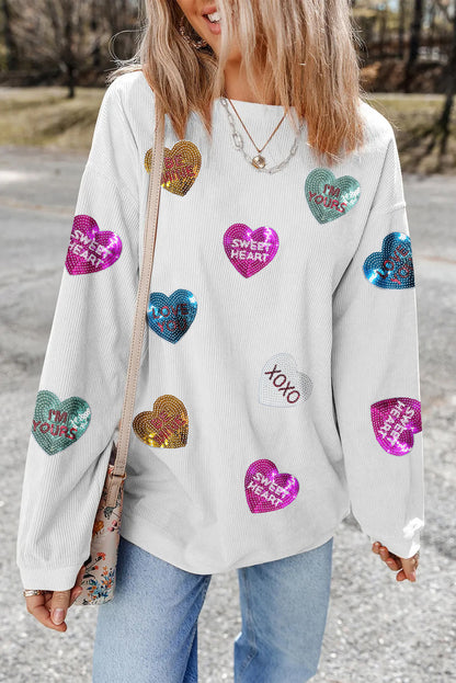 Valentines Slogan Heart Sequin Corded Baggy Sweatshirt | White