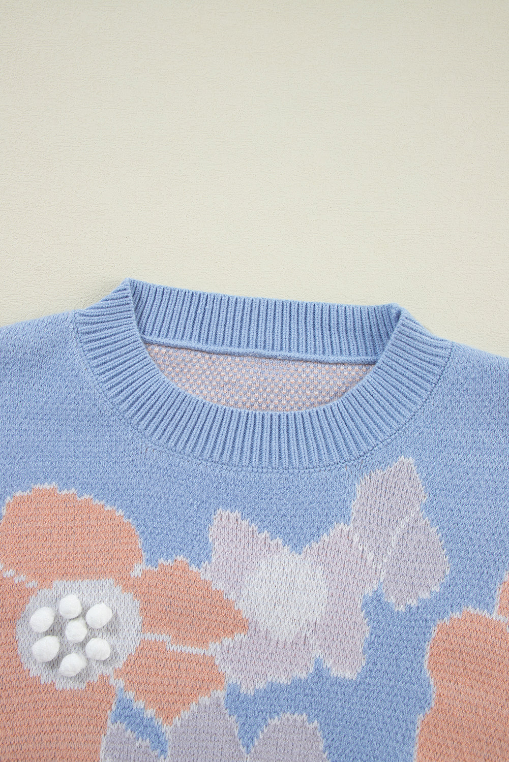 Floral O Neck Drop Shoulder Knitted Sweater | Beau Blue