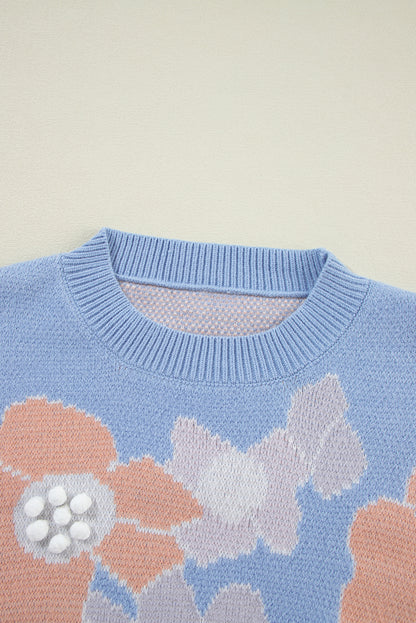 Floral O Neck Drop Shoulder Knitted Sweater | Beau Blue