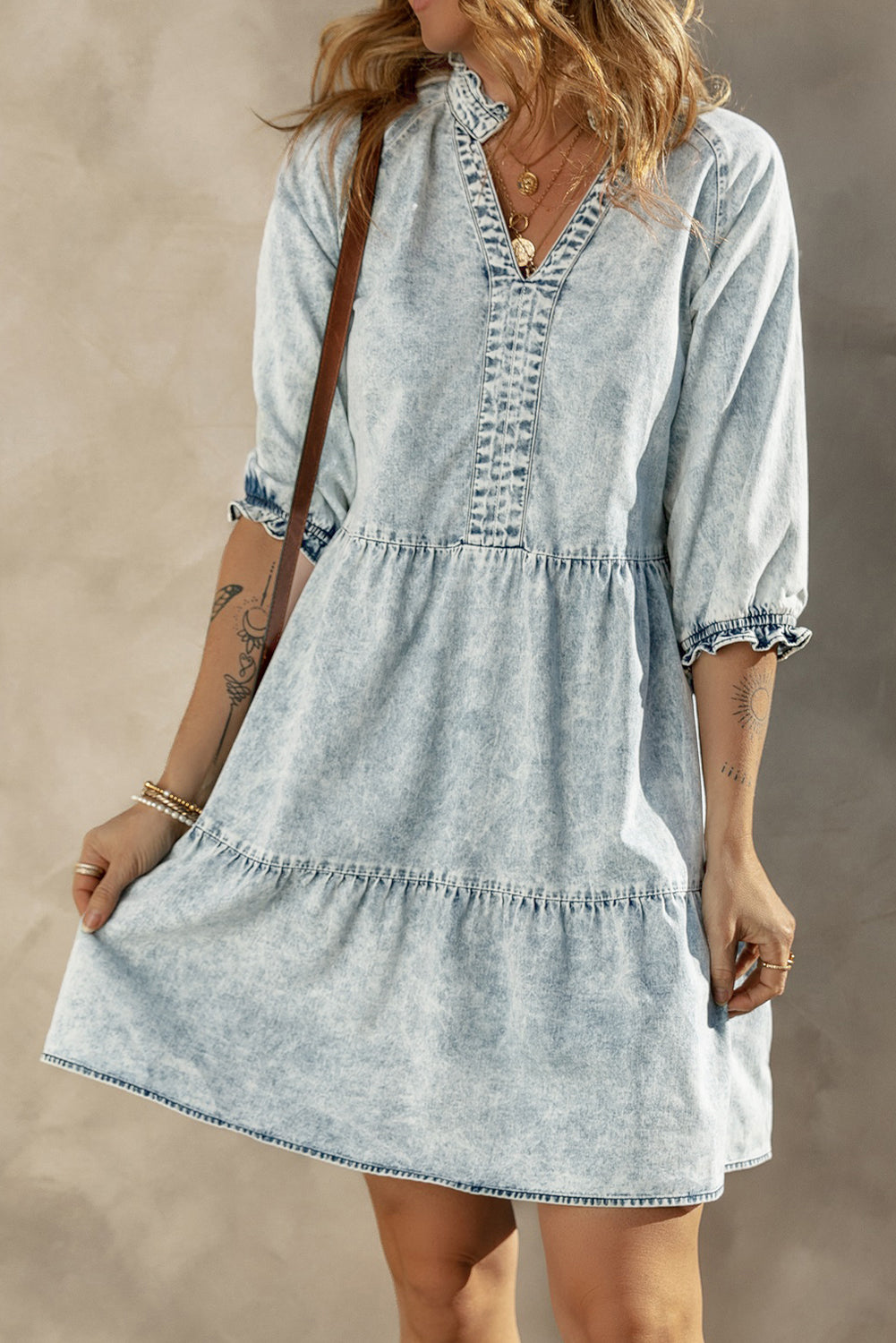 Acid Wash Retro Half Sleeve Flared Denim Dress | Dusk Blue